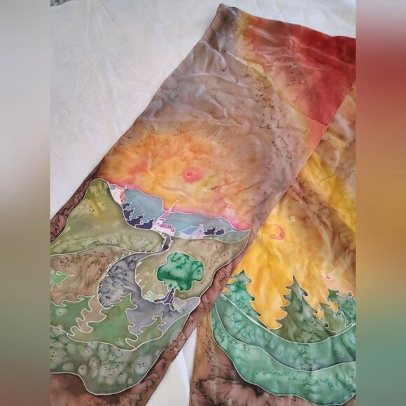 Vintage Handmade 💯 Long Silk Scarf Artisan Landscape - Picture 2 of 14